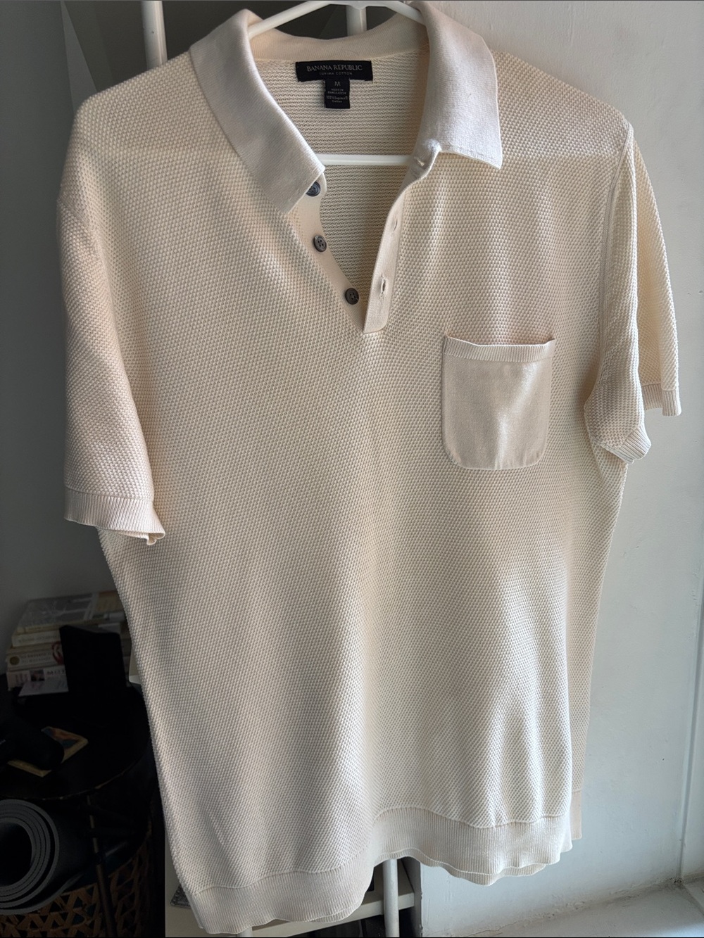 Banana Republic Men's Cream Textured Polo with Chest Pocket